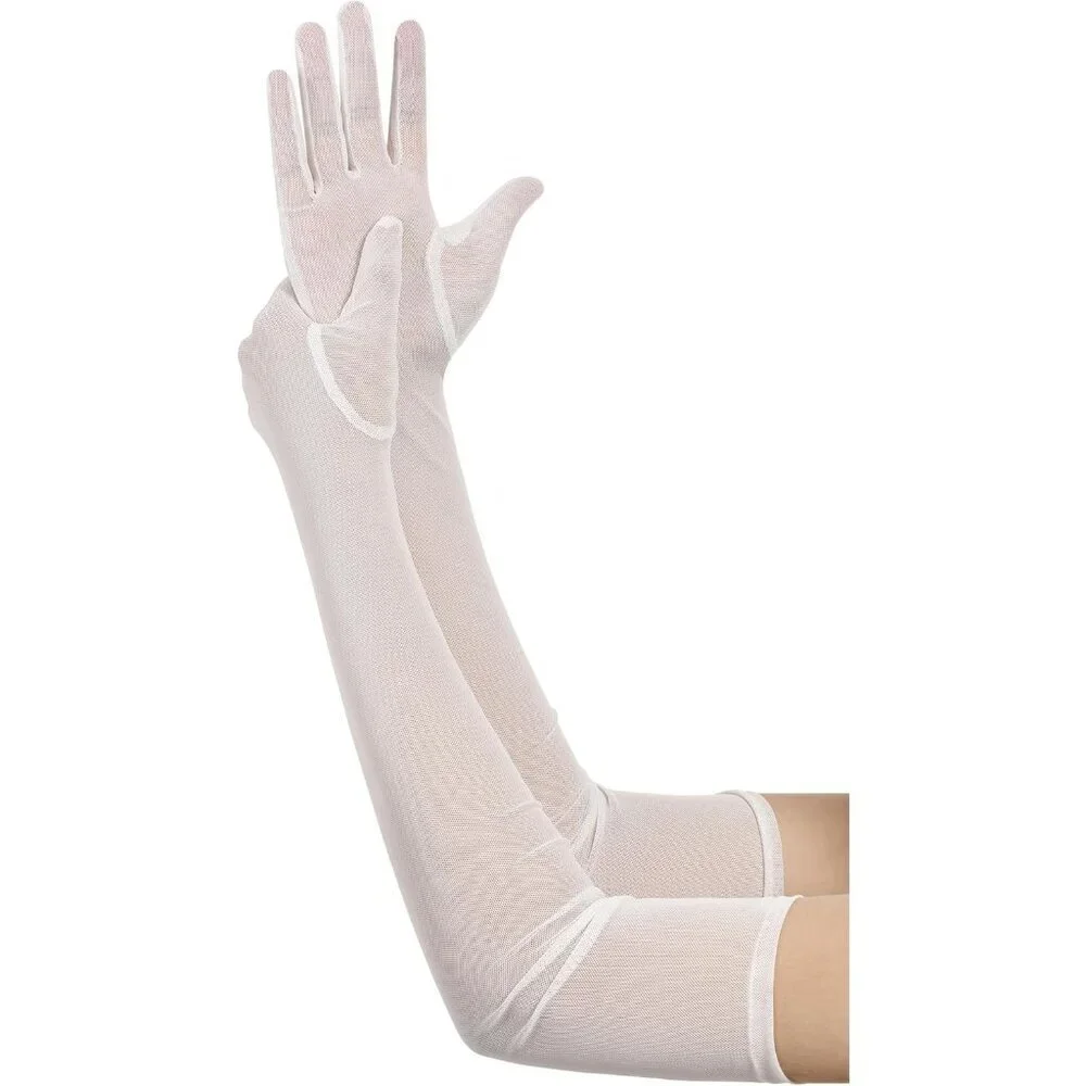 Women's Tulle Mesh White Long Stretchy Gloves Halloween Party Wedding Costume